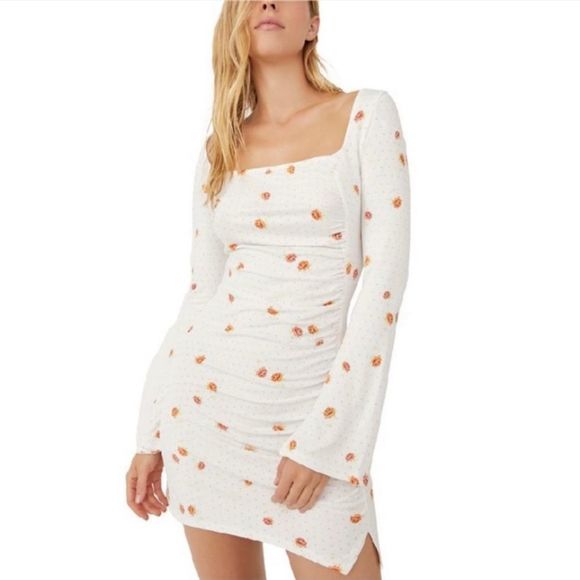 Free People Celia Mini Dress Size Medium Floral Long Bell Sleeves White Short - Picture 2 of 10